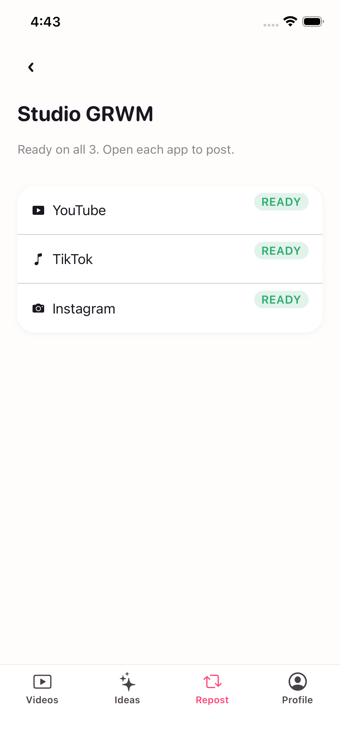 A queued cross-post job listing the platforms it is going out to